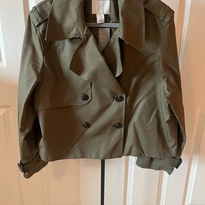 H&M Olive Double-Breasted Cropped Trench Coat